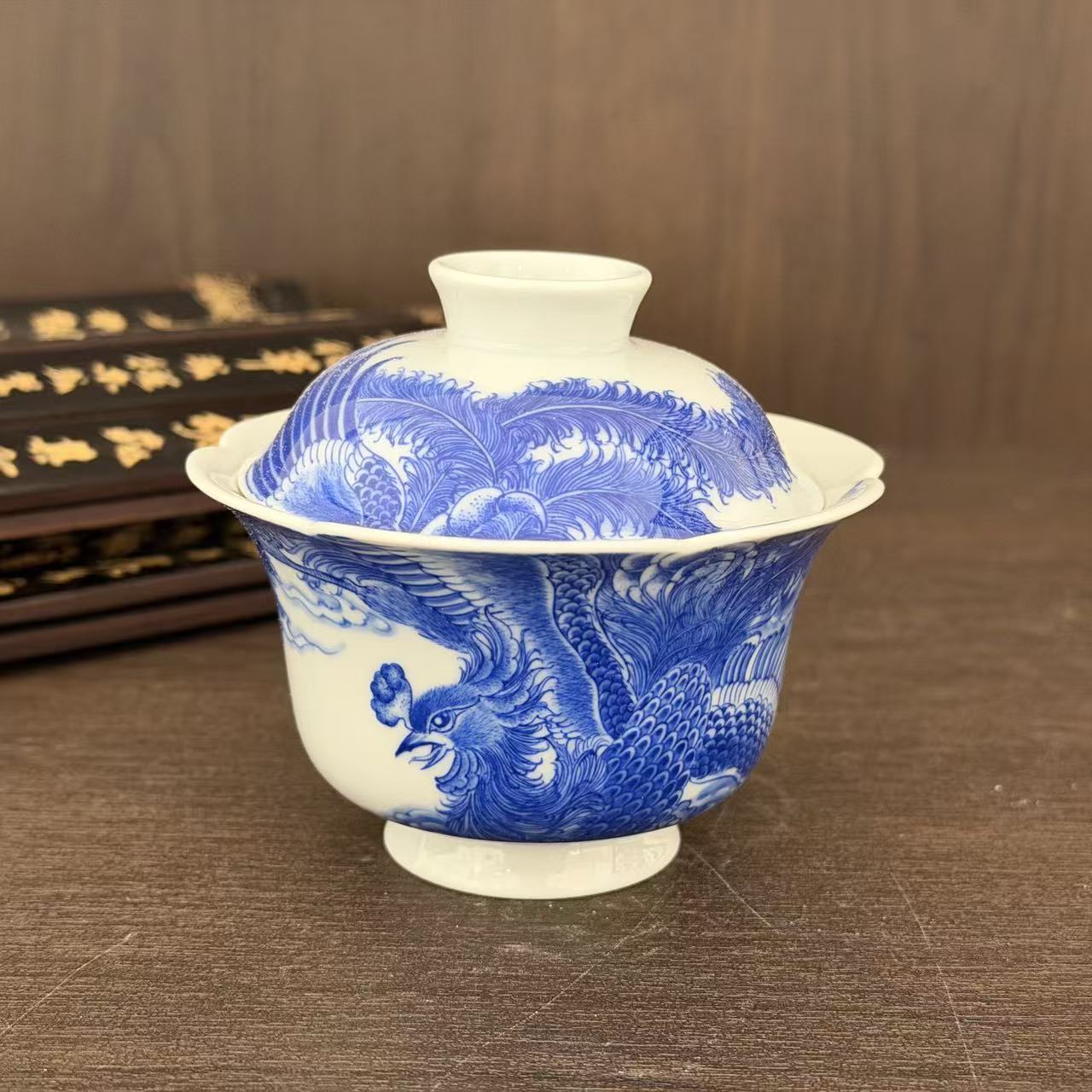 【含月阁】青花重工凤凰盖碗