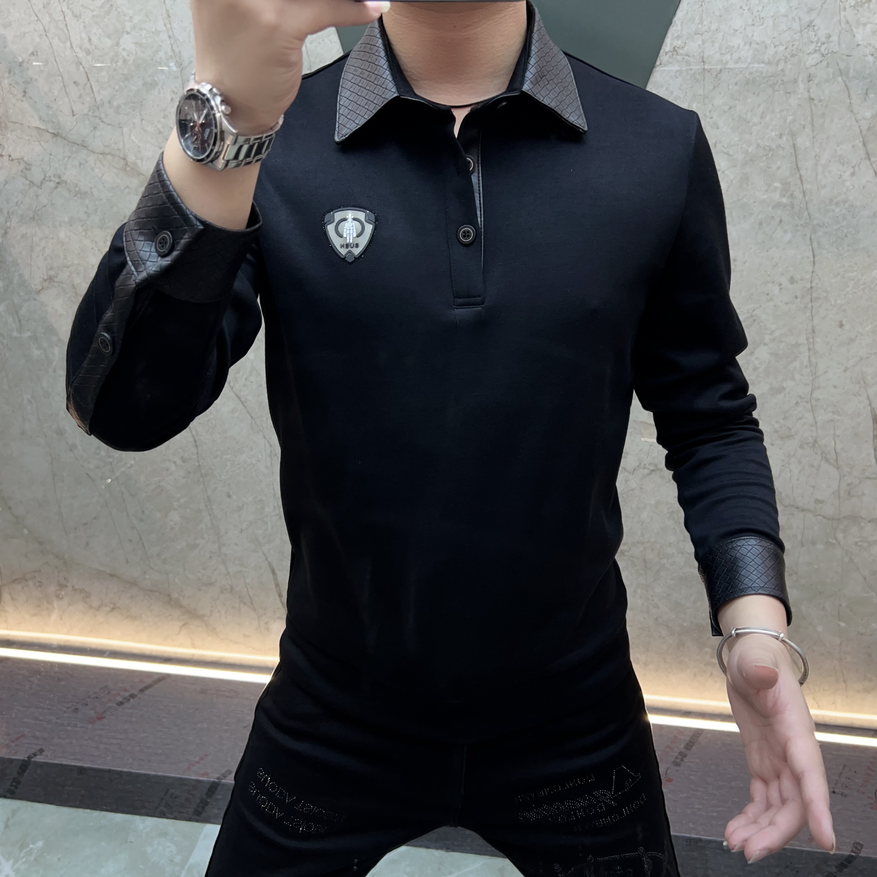 欧货男装时尚休闲商务翻领轻奢空气棉款百搭透气上衣秋潮流宽松型