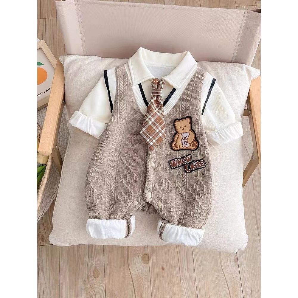 婴儿连体衣双层学院风哈衣新生儿爬服宝宝衣服秋冬装外套