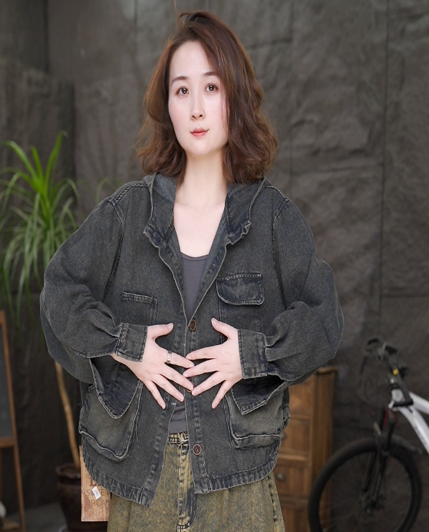 【连帽牛仔外套】秋装长袖连帽百搭宽松休闲牛仔衣复古女装QQ