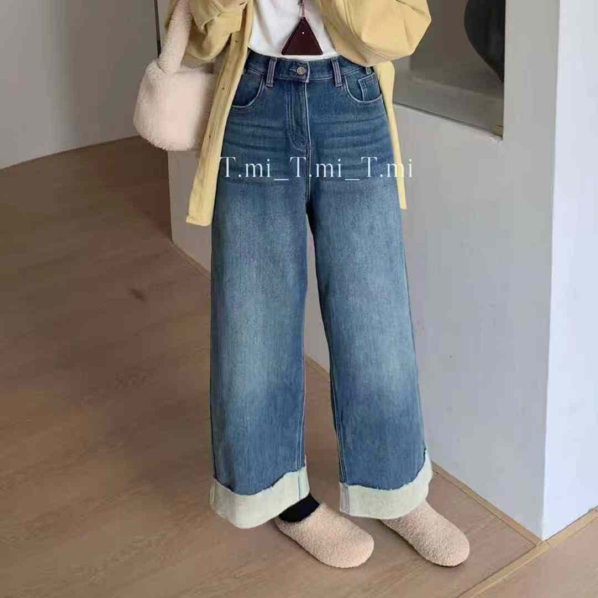 (晓晓家)Tmi冬季新款厚绒半松紧腰翻边阔腿九分裤