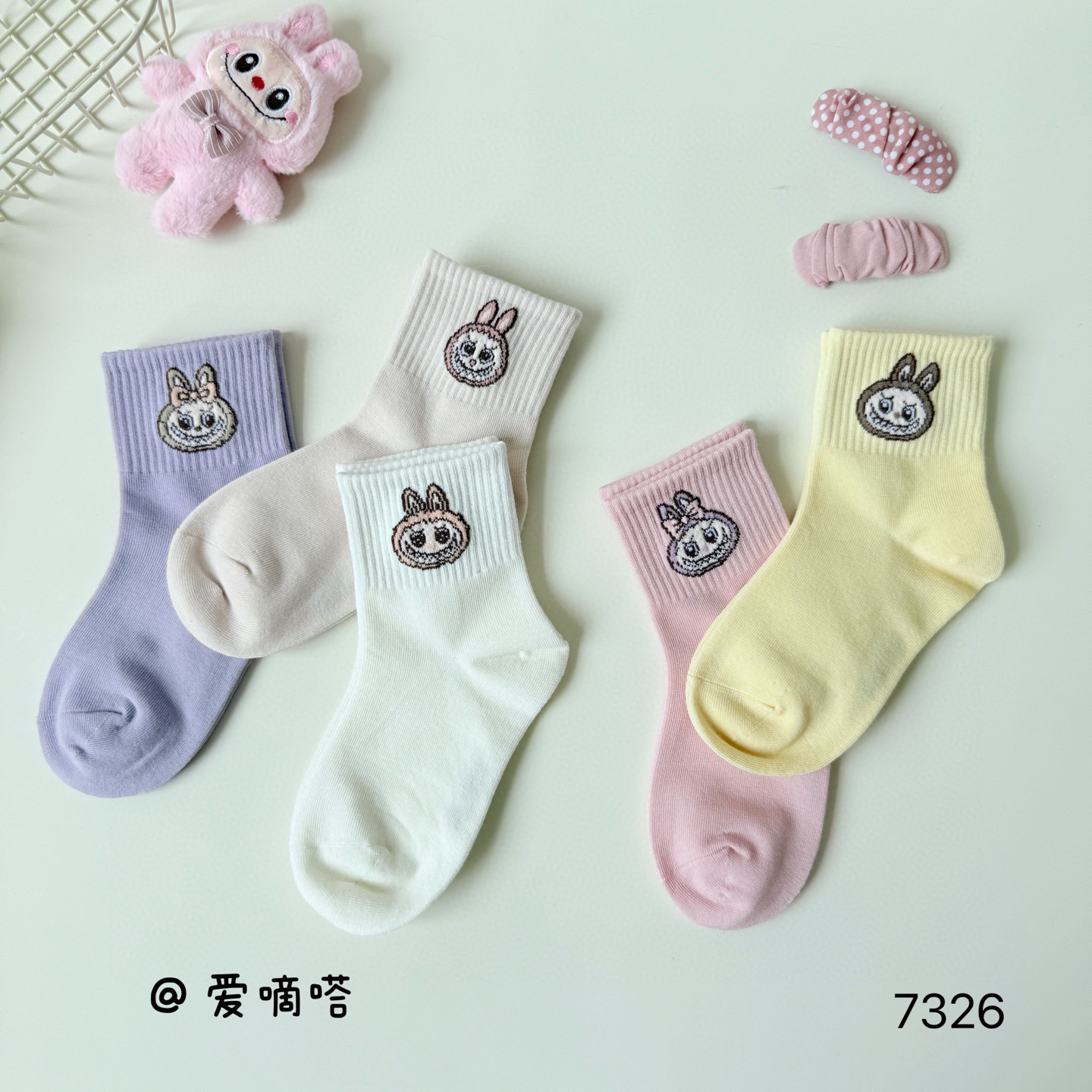 爱嘀嗒7326儿童袜子春秋季女童卡通拉布布运动中筒女宝宝精梳棉袜