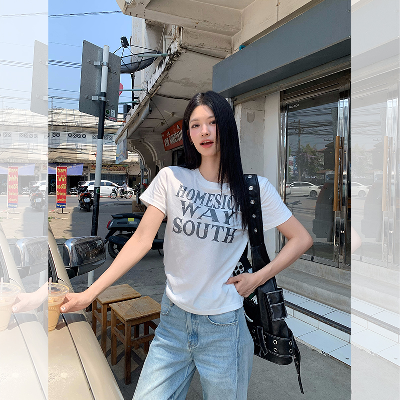 ED.lumoder  白色字母印花短袖T恤女夏季新款短上衣 D5T1638