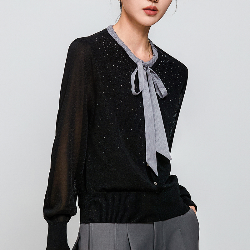 681036新款高端优雅轻奢时尚拼接花边领长袖亮丝针织小衫女1