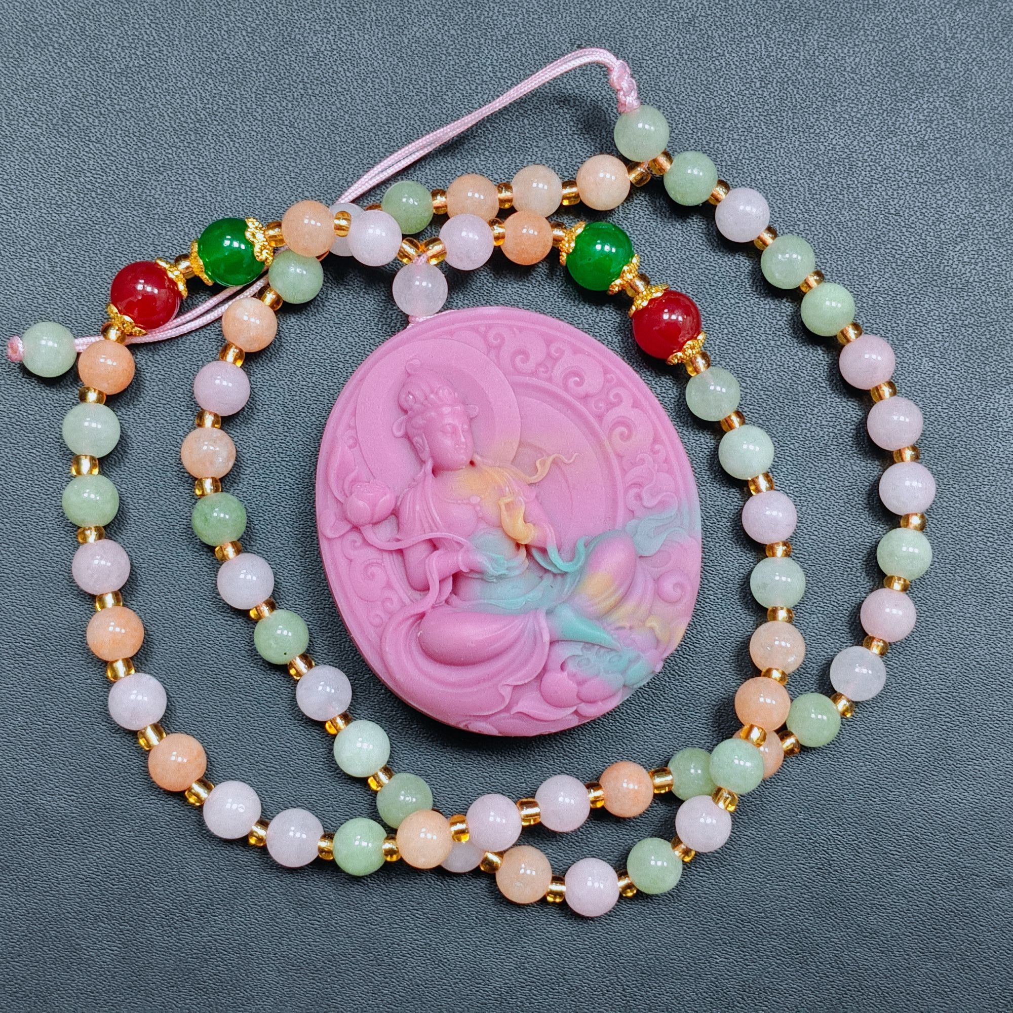 粉红原创设计玉石项链民族风观音吊坠