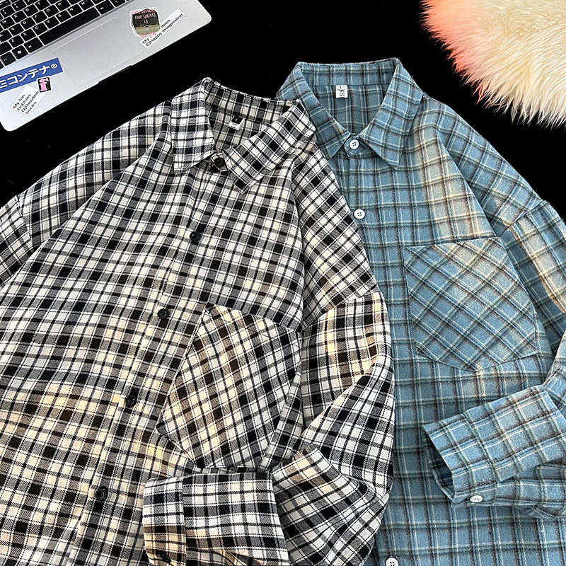 衬衫男秋季新款港风宽松磨毛格子大码长袖衬衣CS510-(现货）