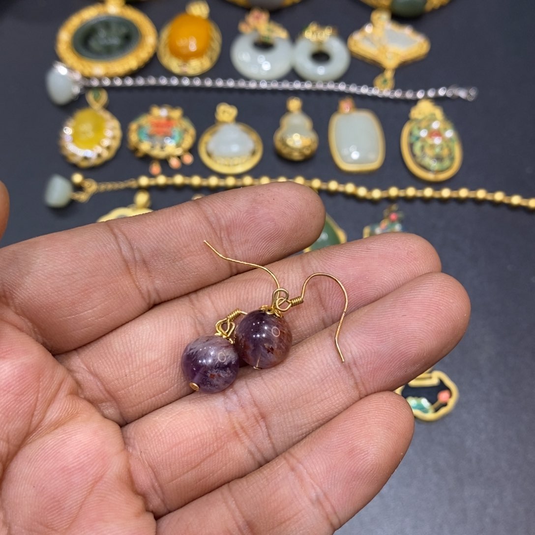 玛瑙/玉髓耳钉银S925镀金镶嵌