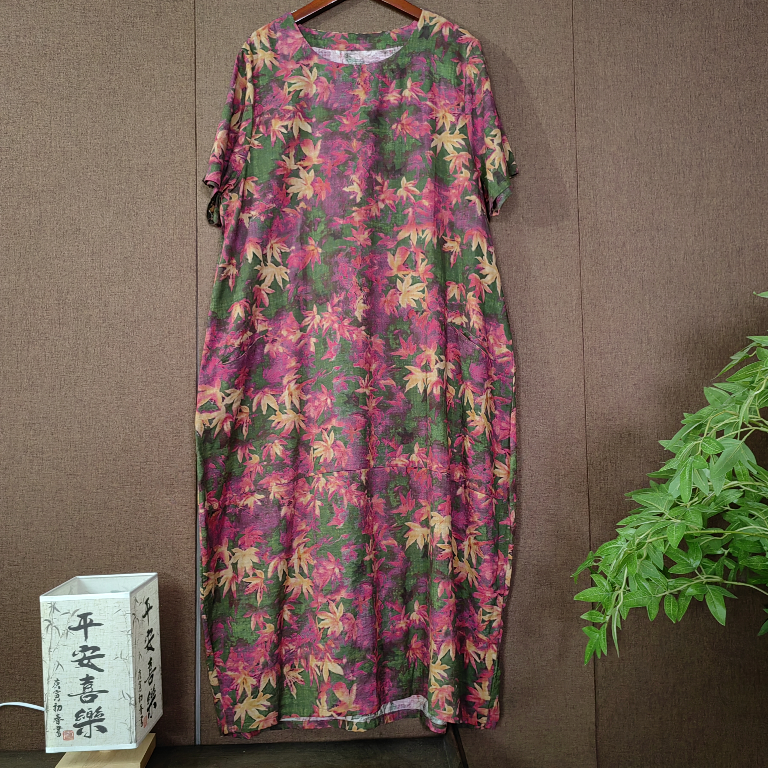 布麻小屋0622休闲时尚气质百搭棉麻宽松中长款竹节茧型连衣裙