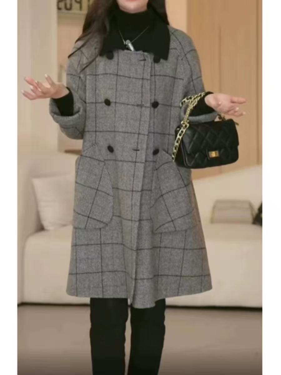 格子双面毛呢大衣女2025秋冬新款时尚高级感赫本风外套SMNWM-18