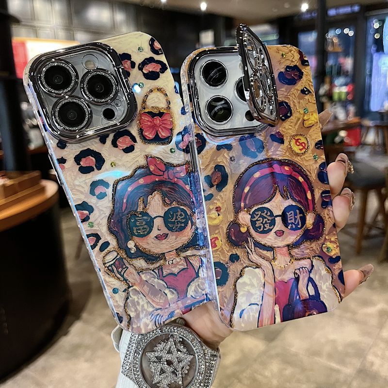 适用苹果系列iPhone16新款手机壳时尚发财女孩银灰色闪粉镜头支架