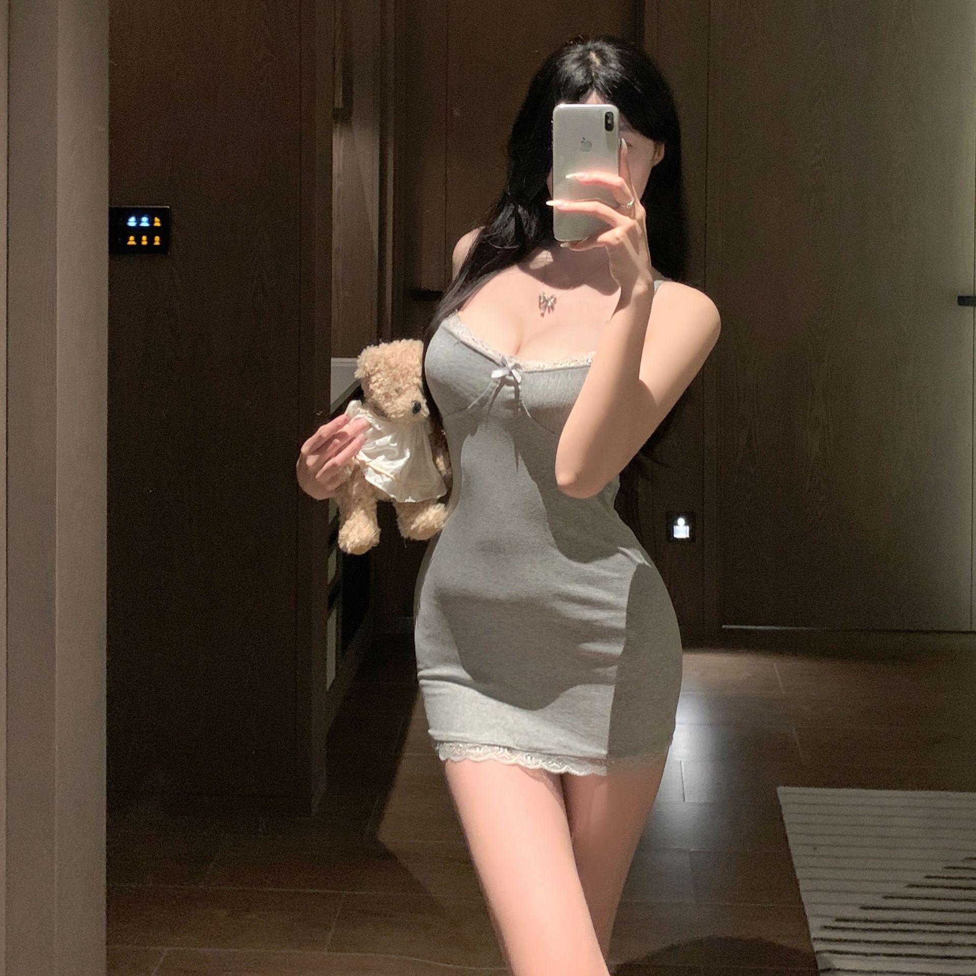 带胸垫性感吊带蕾丝边睡衣紧身包臀裙修身居家服睡裙