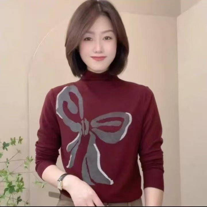 新款时尚半高领印花短袖T恤气质蝴蝶结打底衫百搭减龄上衣女