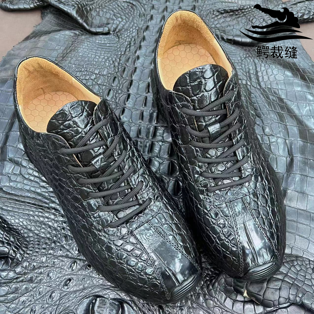 保真鳄鱼皮皮鞋皮包底工艺黑色耐磨时尚休闲运动系带运动鞋
