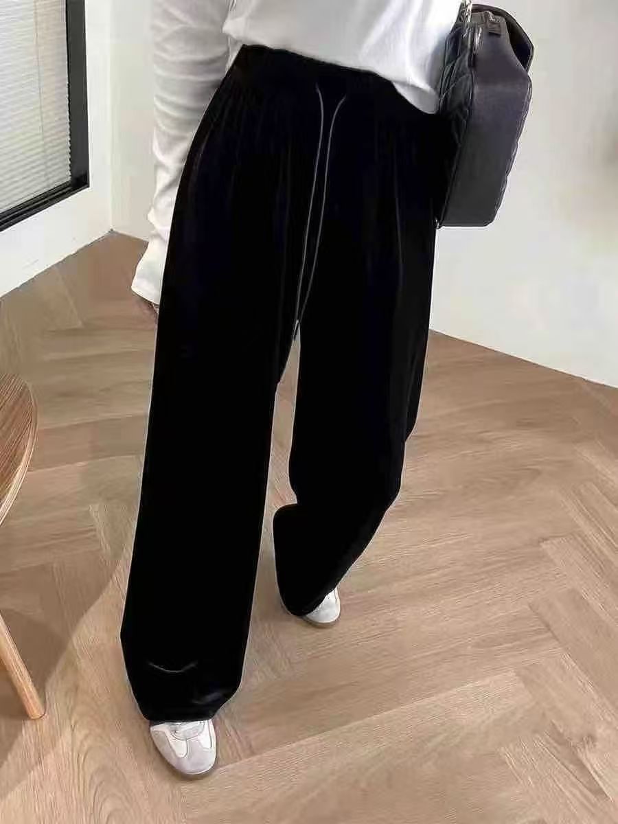 黑色金丝绒阔腿裤女春秋高腰垂感高端丝绒裤子显瘦直筒休闲丝绒裤