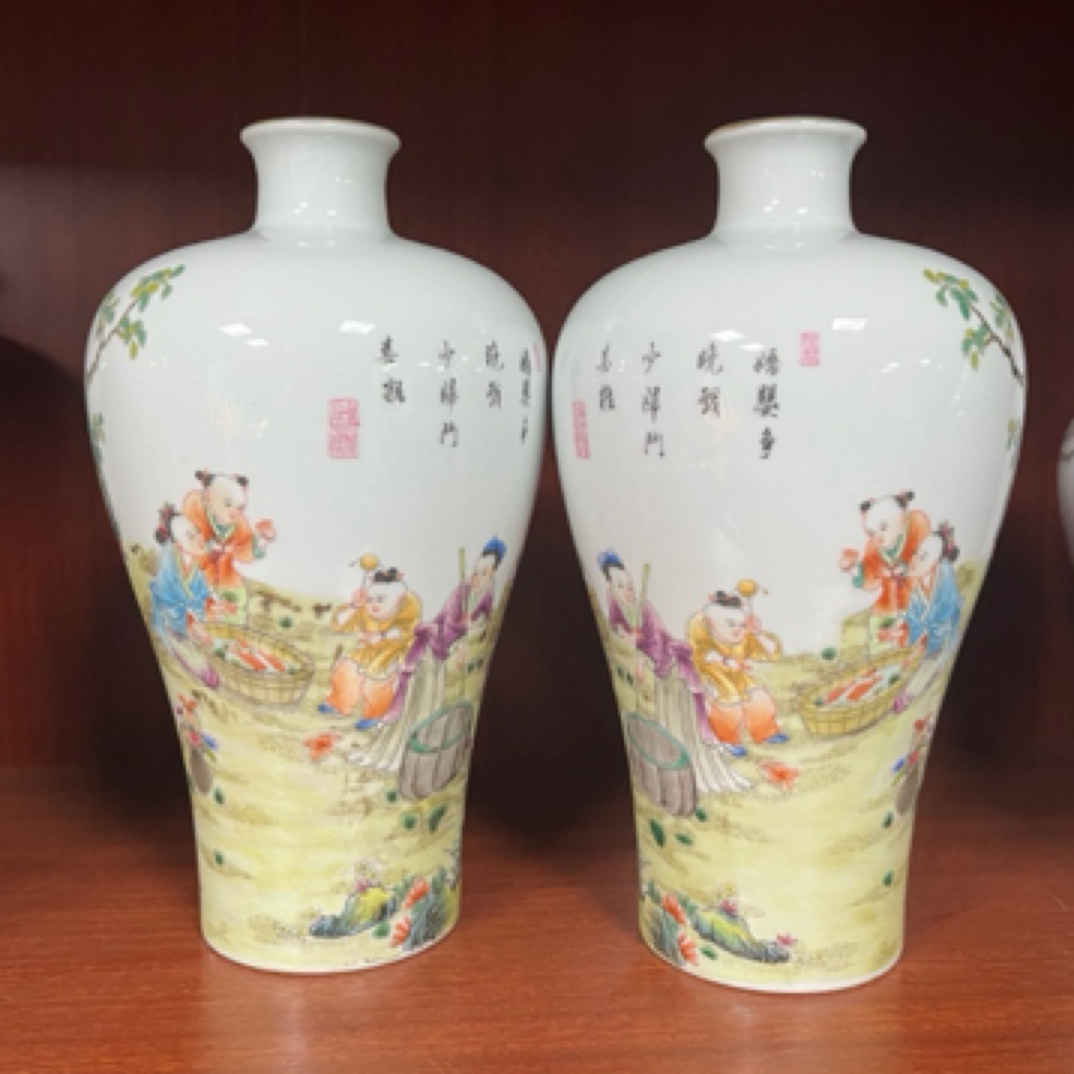 粉彩人物梅瓶手工手绘