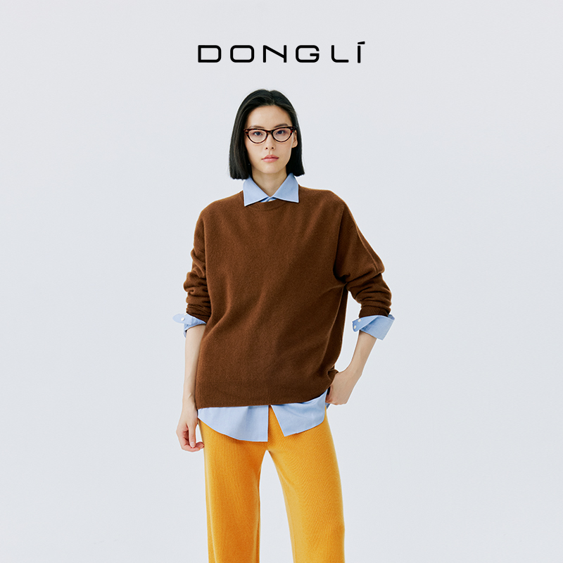 东黎 小山羊绒 流光风秋冬针织强缩绒圆领套头衫简约宽松纯色2091