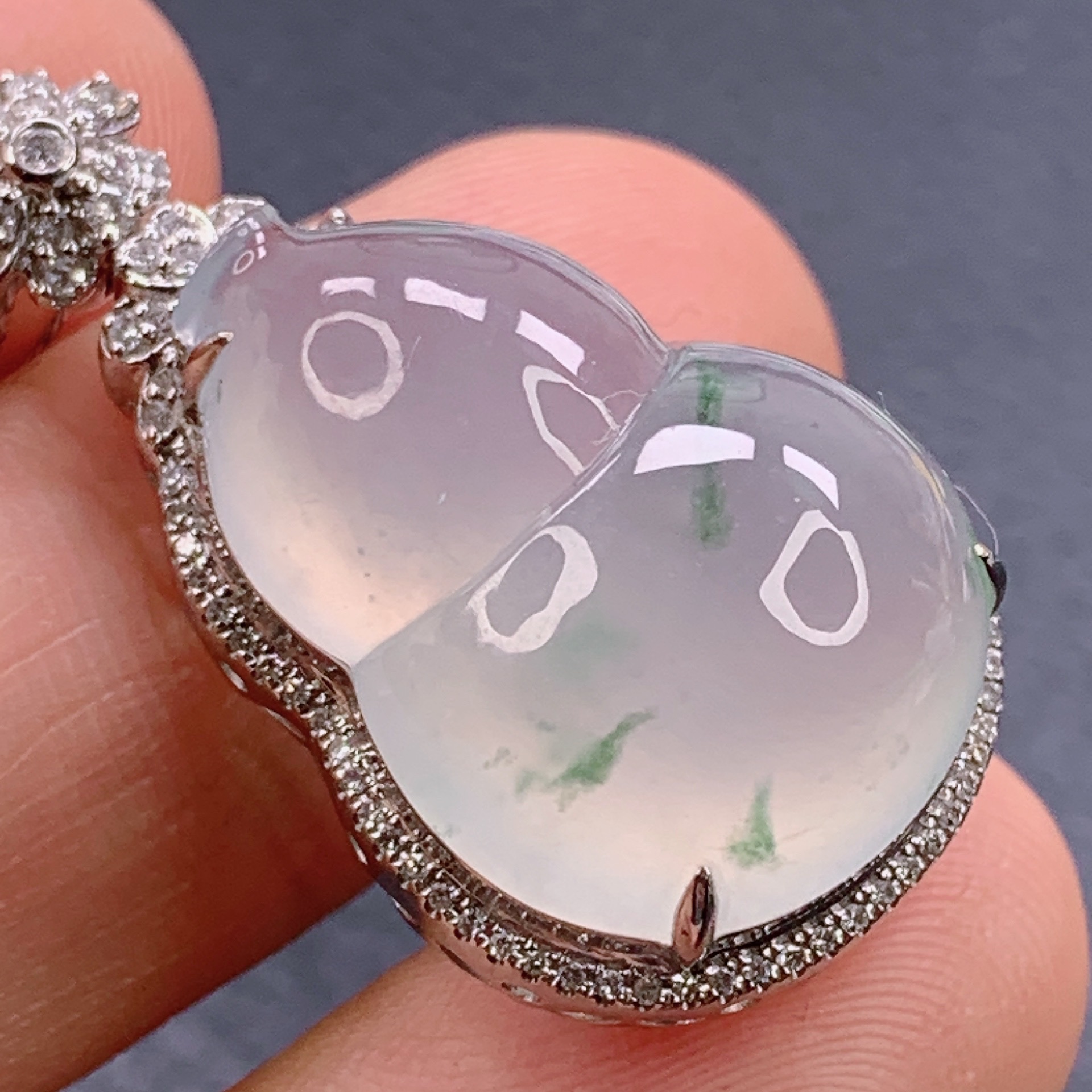 天然缅甸A货冰种冰透飘花翡翠葫芦吊坠18k金镶嵌玉坠