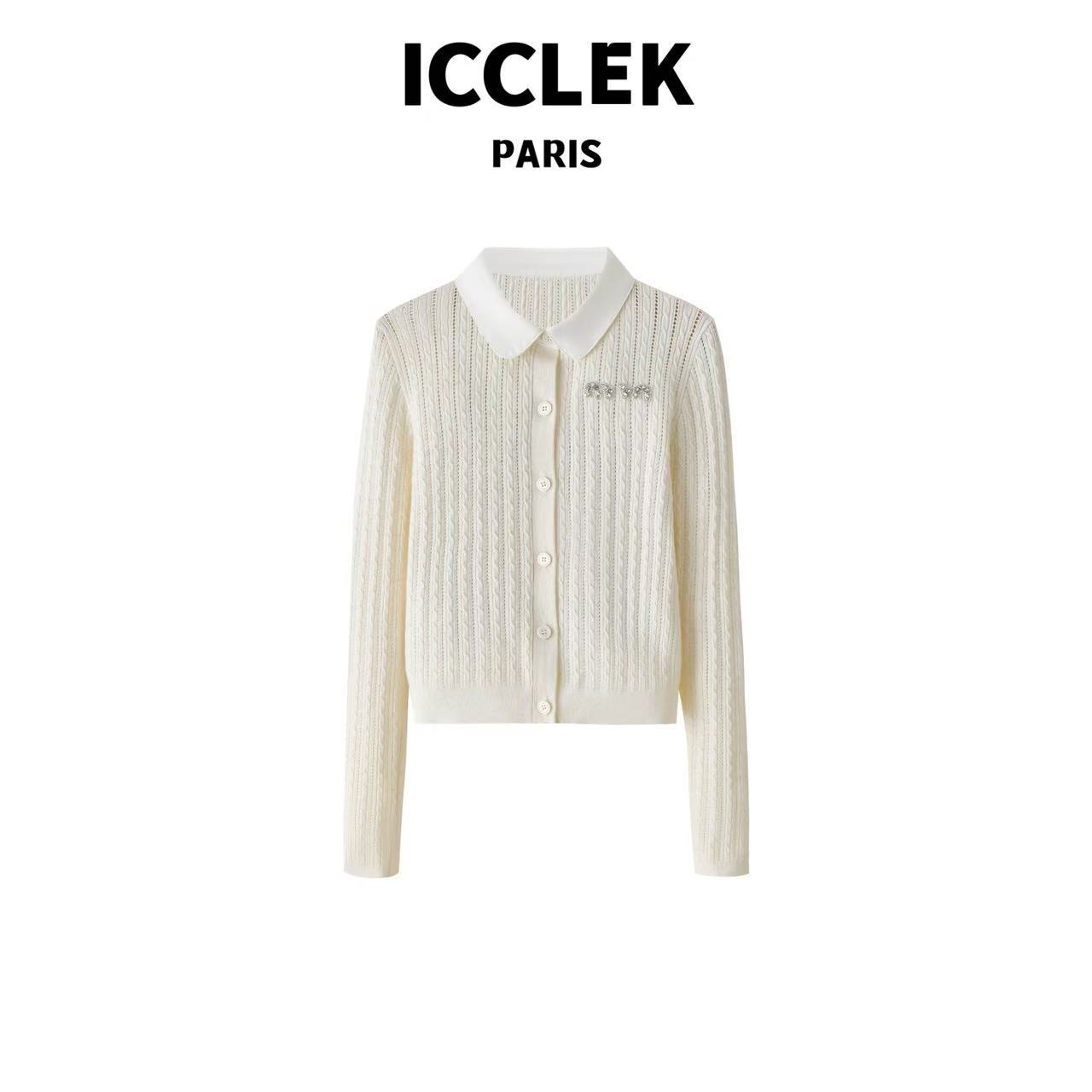 ICC  白色翻领字母针织开衫 长袖 气质 轻奢 名媛 -3170
