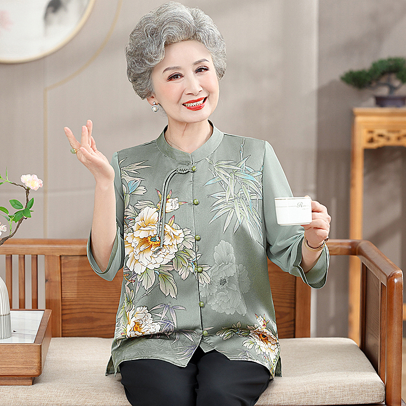 妈妈装秋季小衫中年女装秋装长袖T恤宽松中老年上衣气质衬衫上衣