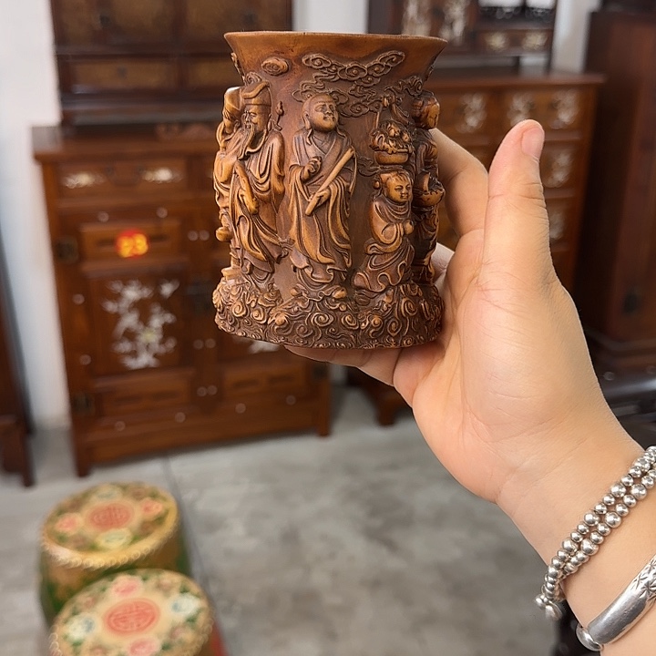 木复古装饰摆件笔筒高10.5厘米