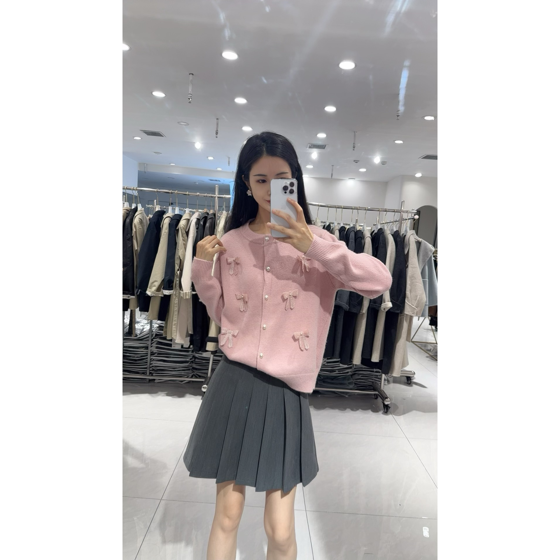 158106#蝴蝶结毛衣宽松型拼接长袖女毛针织衫时尚百搭开衫秋季
