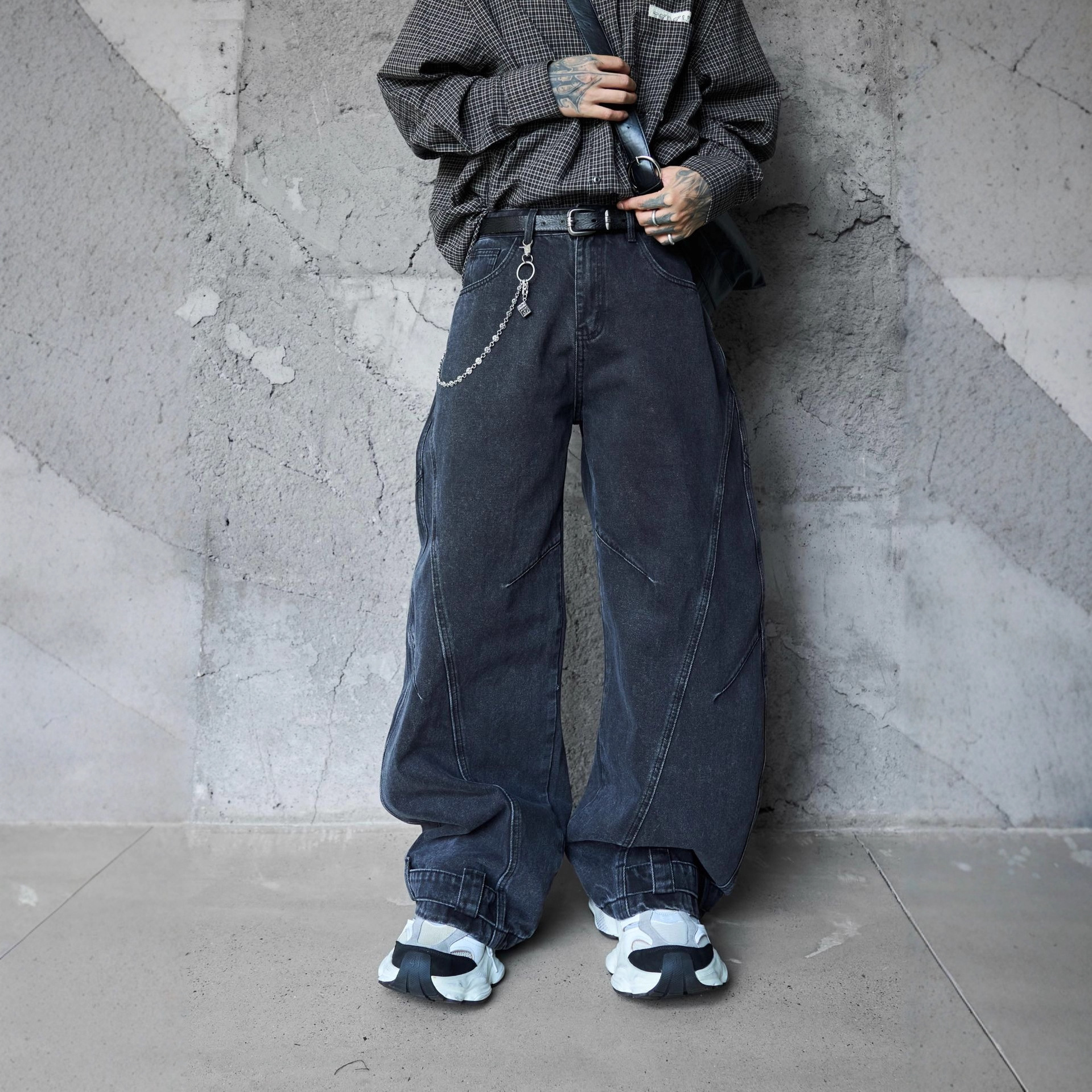 OTOTLEE新款潮流水洗弯刀牛仔裤男女美式街头嘻哈做旧阔腿牛仔裤