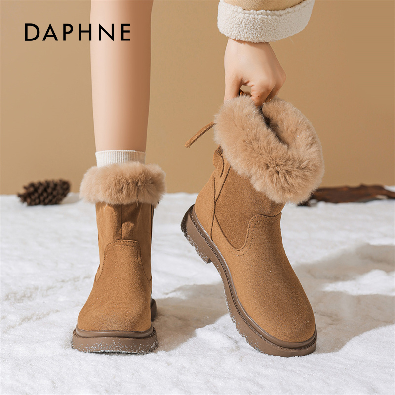 达芙妮厚底雪地靴女2025冬季加绒加厚棕色马丁靴东北保暖面包棉鞋