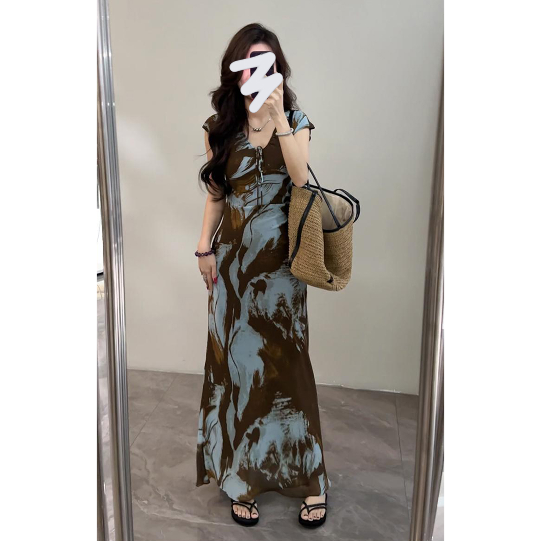 复古优雅收腰绑带短袖连衣裙女2025夏季新款洋气修身显瘦包臀长裙