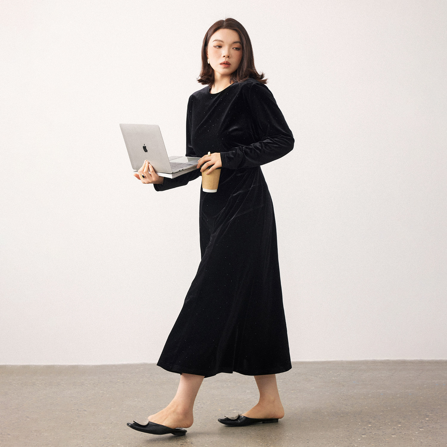 PLUSMALL 暮光天鹅 优雅收腰烫钻丝绒鱼尾摆连衣裙PLUS2511122