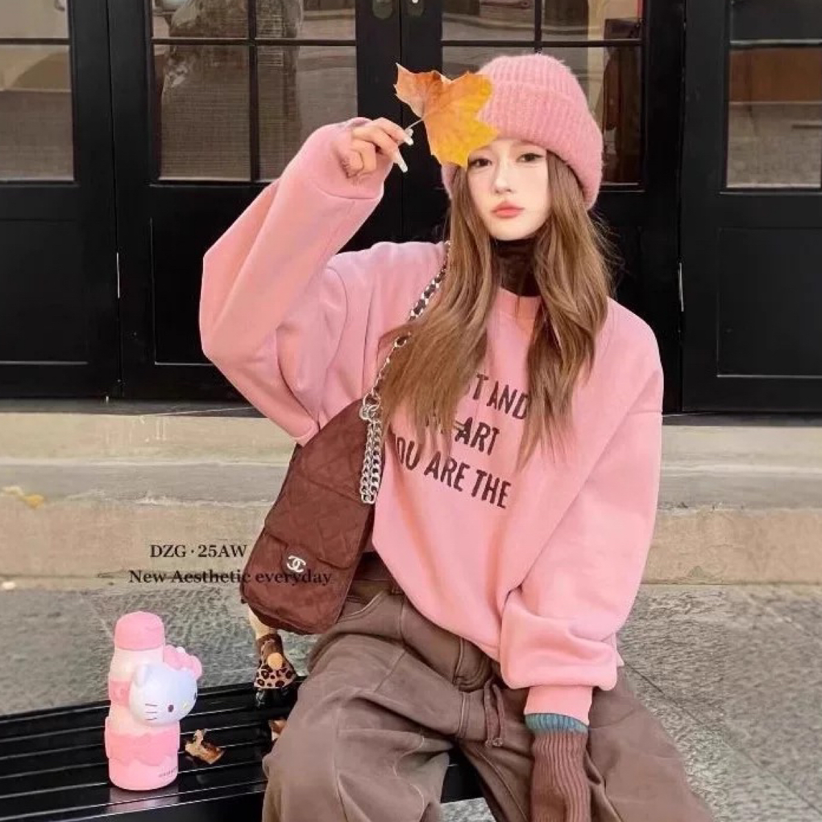 韩系字母印花加绒加厚圆领长袖宽松休闲保暖卫衣女秋冬新款062