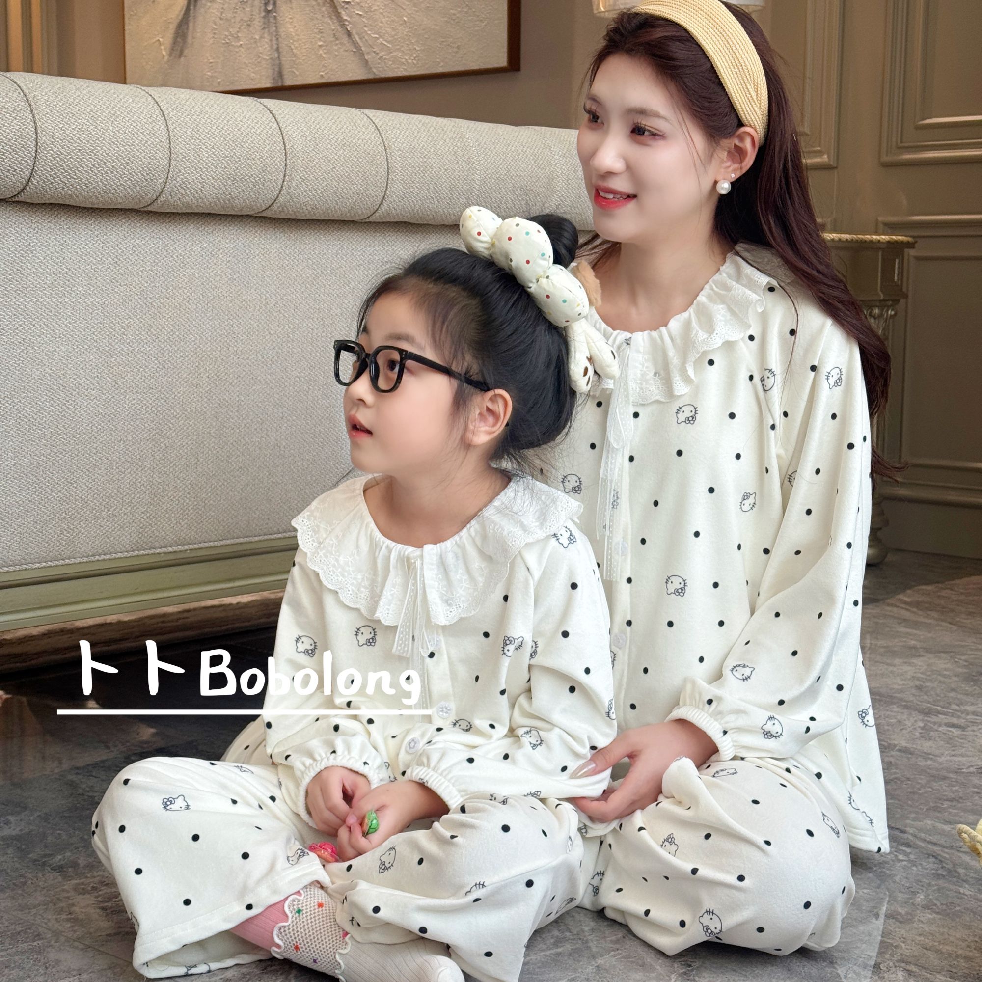 【糯米绒】秋冬新款亲子翻领长袖加绒加厚睡衣家居服套装甜美ol宝宝