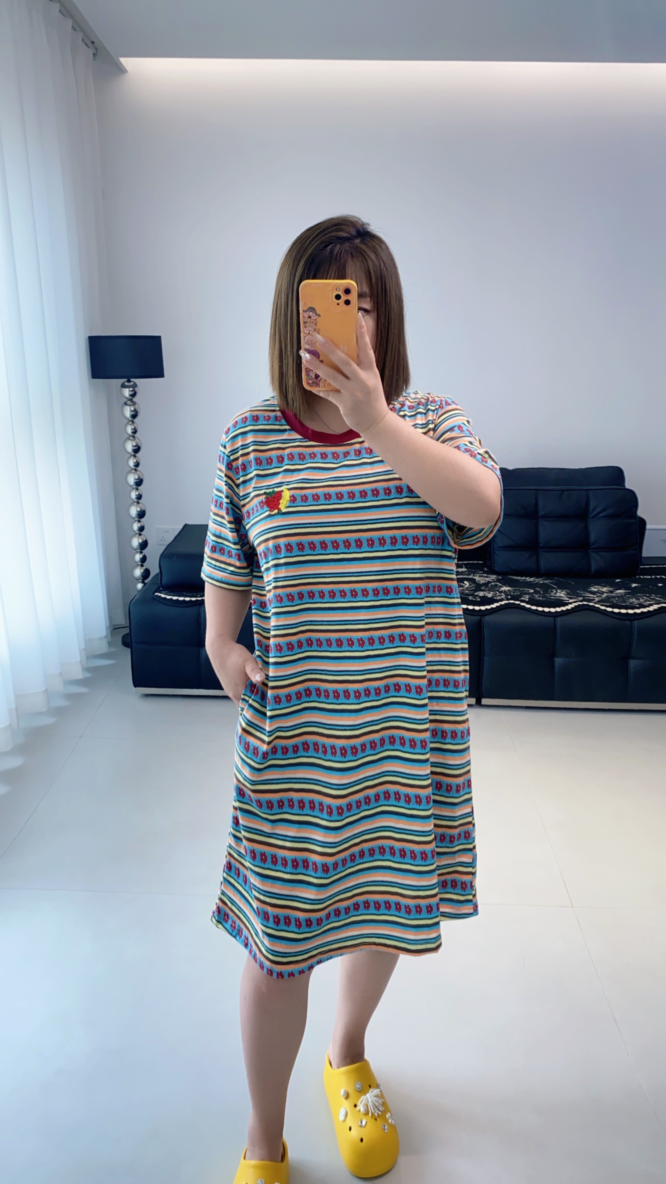 【有运险】刺绣条纹圆领短袖大码中长睡裙女士洋气减龄可外穿家居服