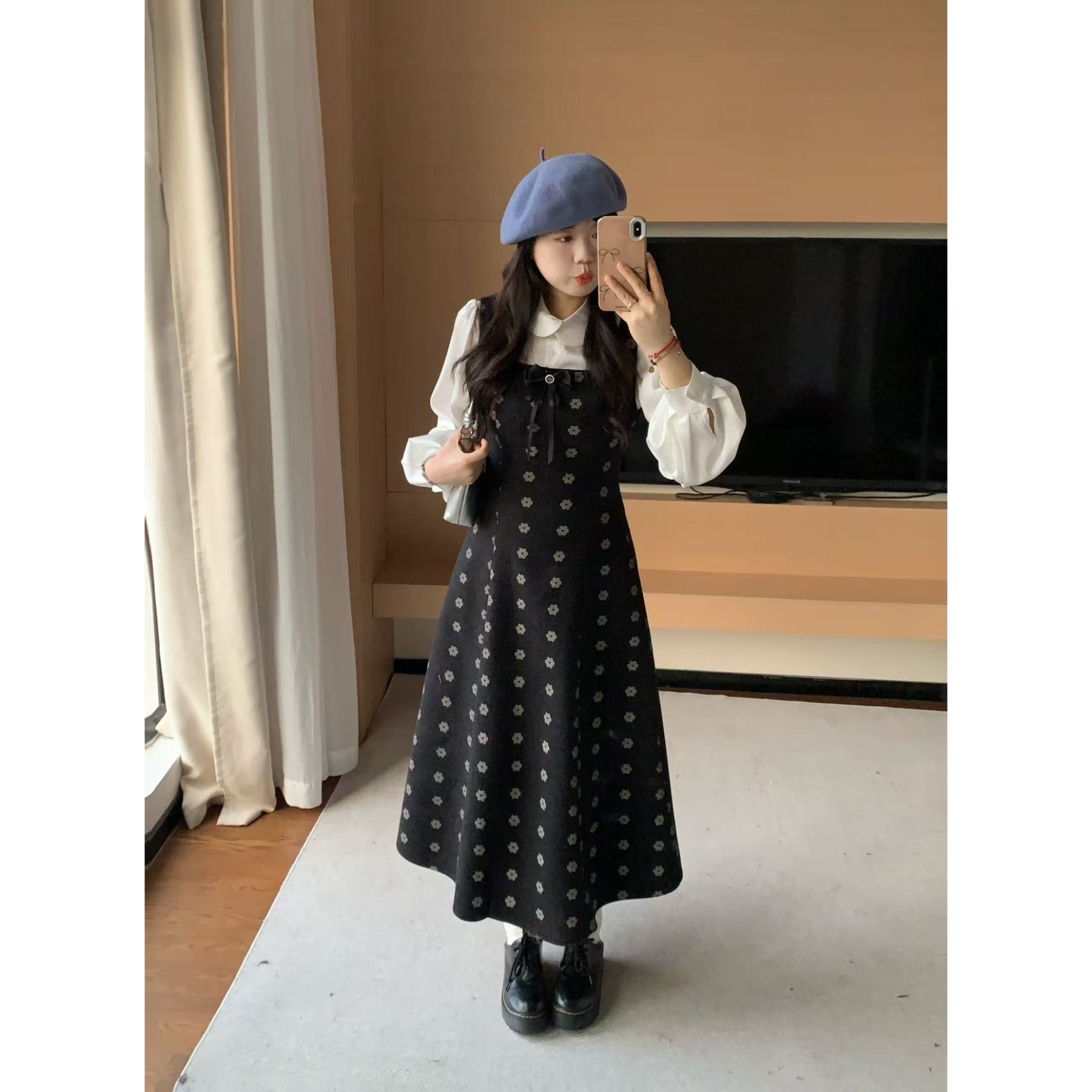 米米子定制气质显瘦黑色赫本风花朵背带连衣裙衬衫两件套时尚套装