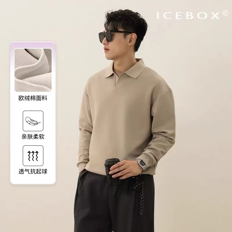 ICEBOX老钱风海鸥领秋冬纯色POLO男士秋装polo衫男长袖高级感男装
