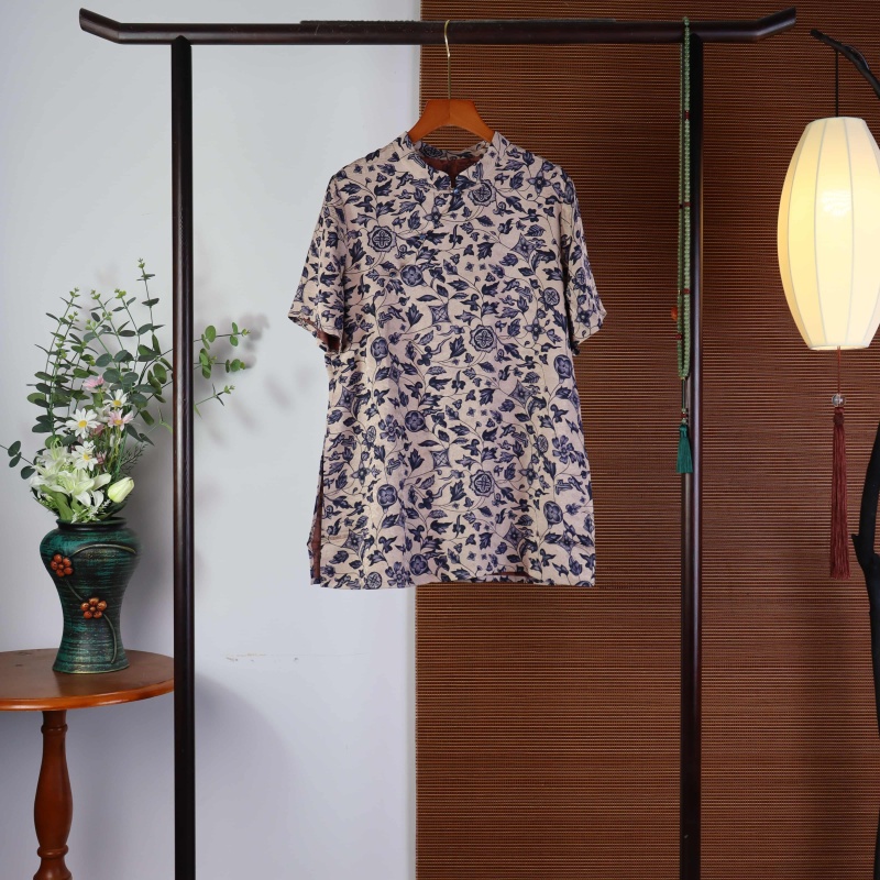 9487夏款洋气半袖上衣女夏季短袖T恤衬衫-花萝立领小衫