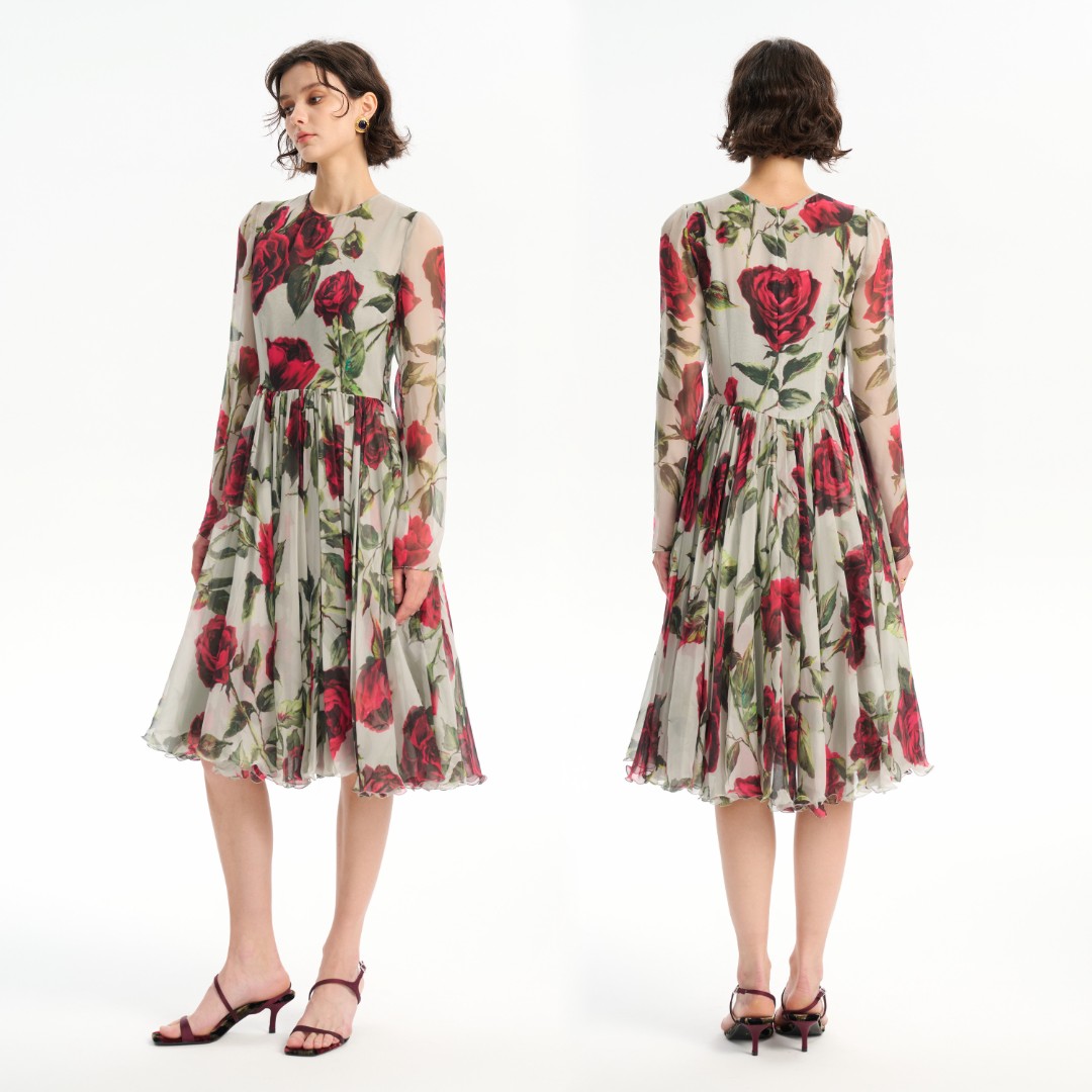 YMAIMAI松绿玫瑰 圆领长袖桑蚕丝印花连衣裙经典款