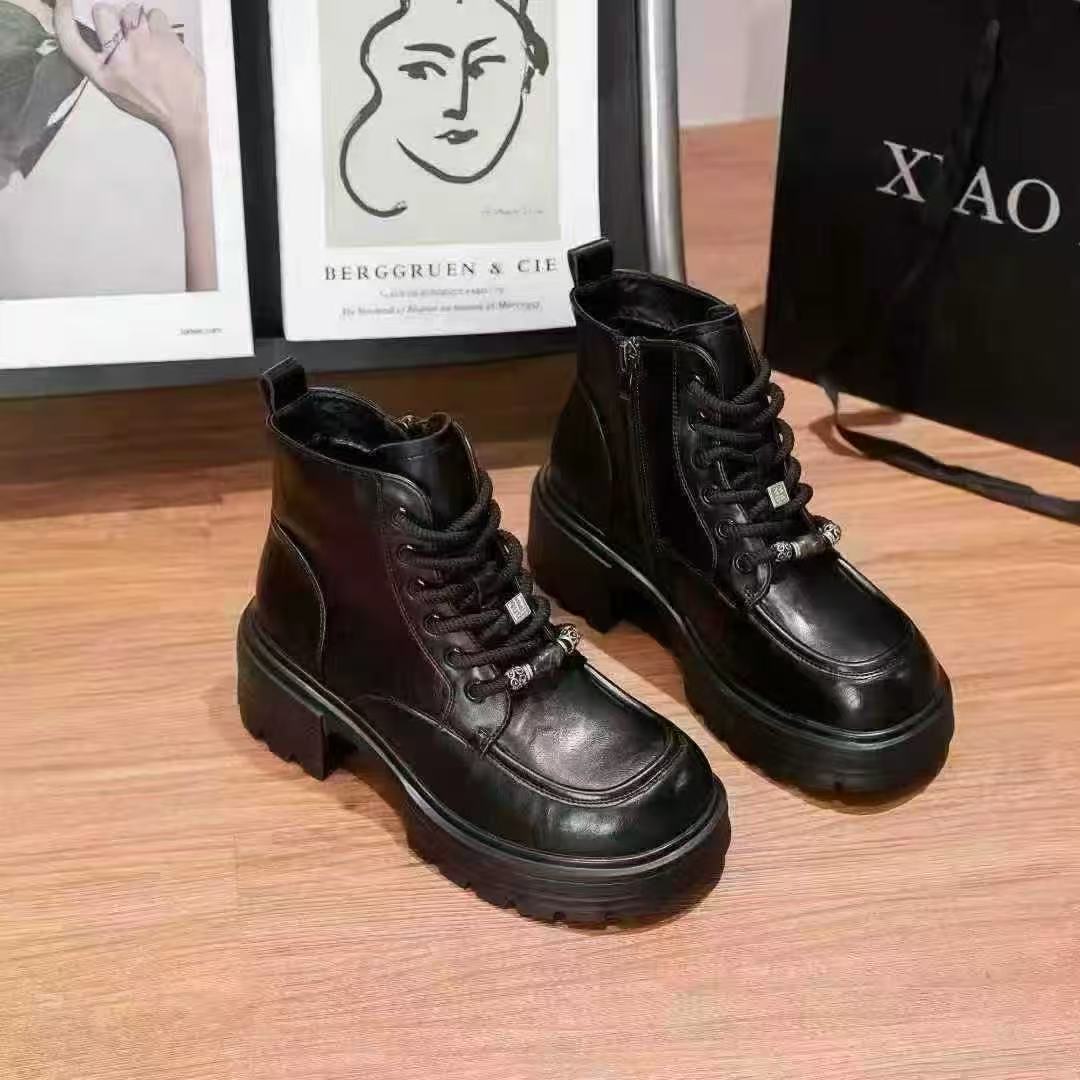 恋畁厚底马丁靴女款小个子增高短靴2025新款秋冬季加绒皮鞋棉鞋