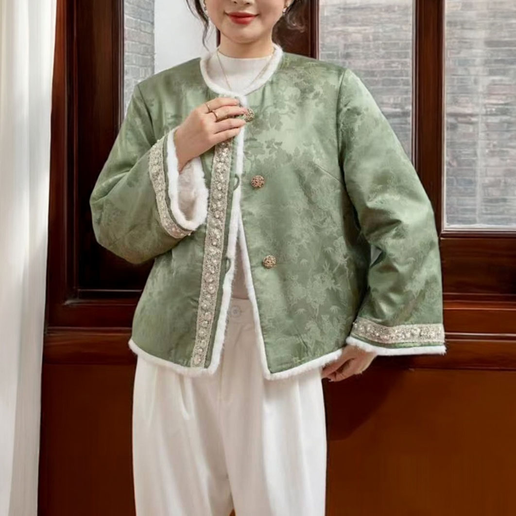 新中式双面穿兔毛棉服女2025新款宽松圆领单排扣绿色外套795
