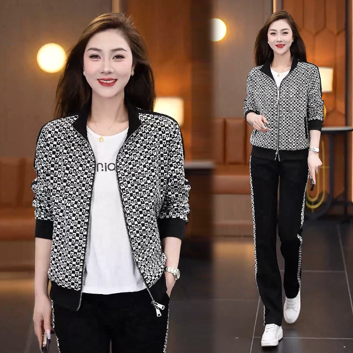 休闲运动服套装女2025春秋季新款时尚韩版格子洋气宽松显瘦两件套