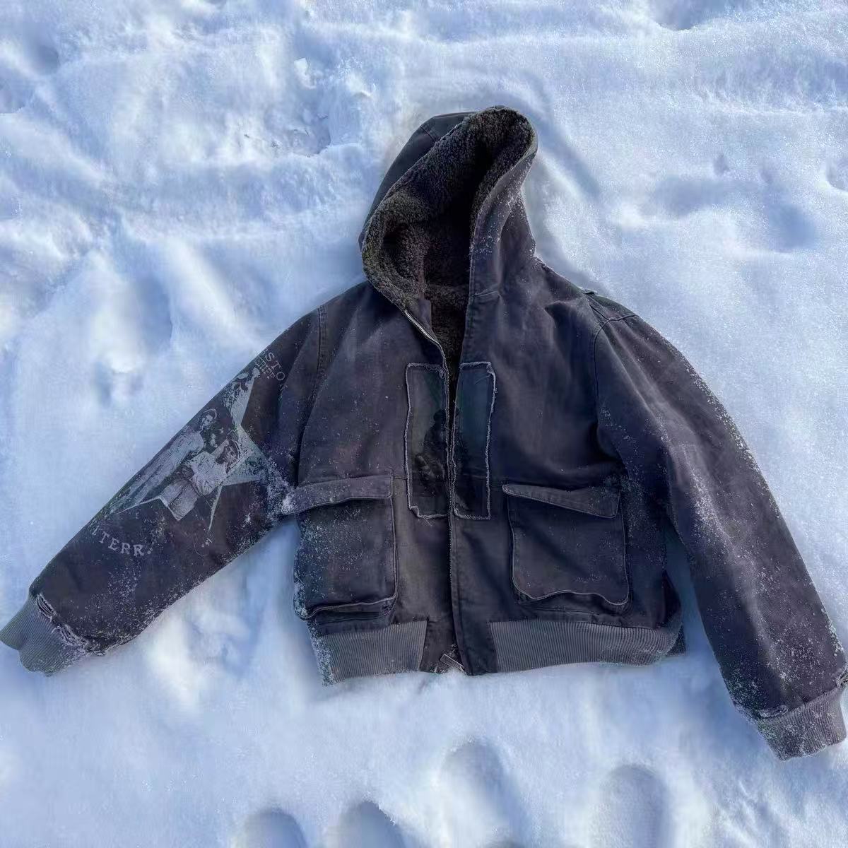 RICHILL MELANCHOLY 25AW 帆布浅紫色插画毛里连帽夹克外套厚款