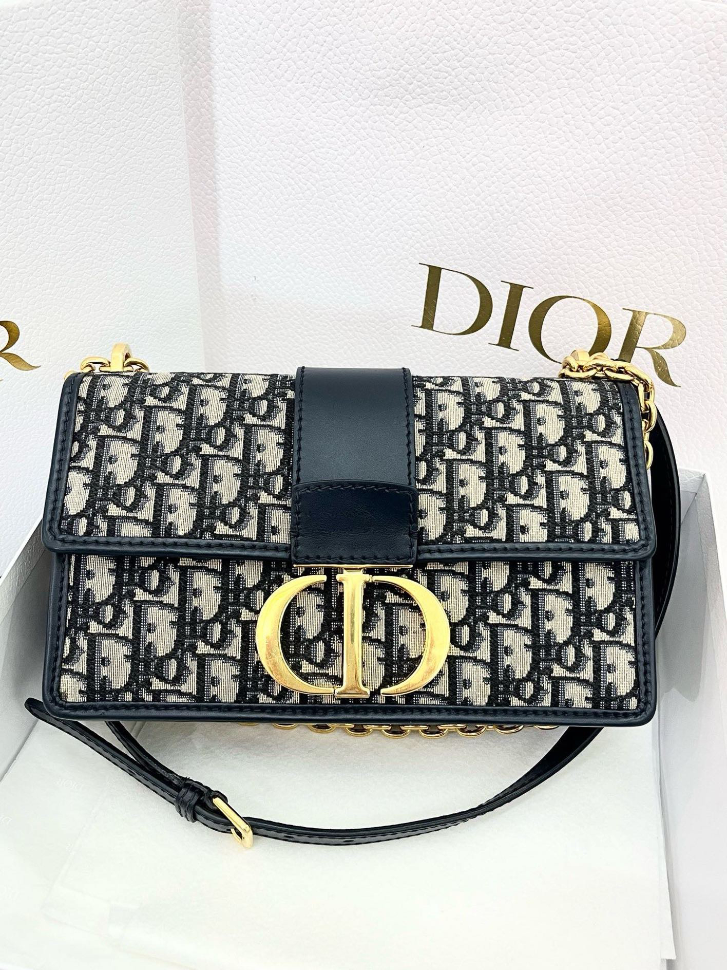 95新 DIOR/迪奥 蒙田30蓝色老花中号斜挎包 底长25  
