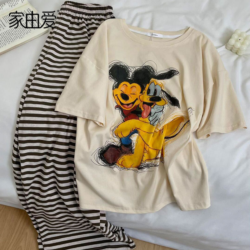 【趣玩米奇】短袖长裤睡衣夏日新款条纹两件套可爱家居服可外穿