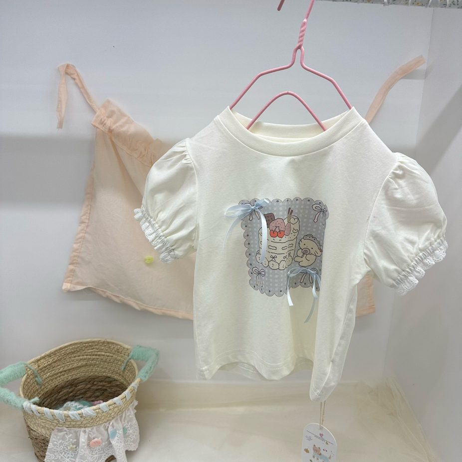 萌希·25夏~泡泡袖蛋糕小猫T恤6062（米色）