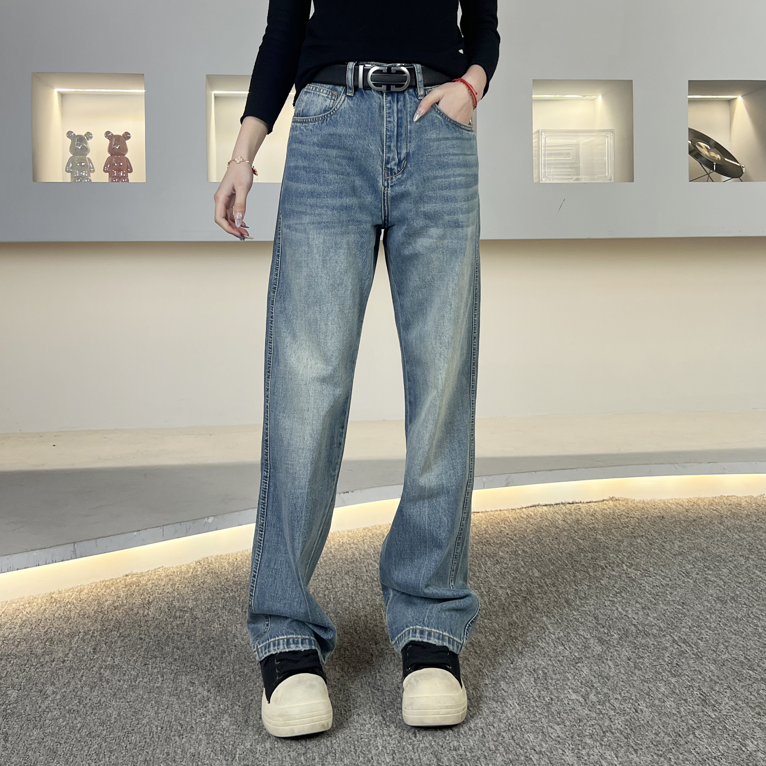 【Ashley】春款新款Cleanfit怀旧蓝美式复古直筒百搭牛仔裤水洗宽松