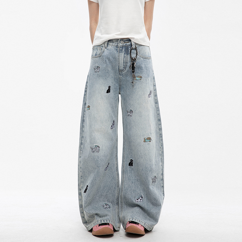 INZYIFUIEE复古小狗刺绣牛仔裤男女宽松直筒设计感休闲长裤