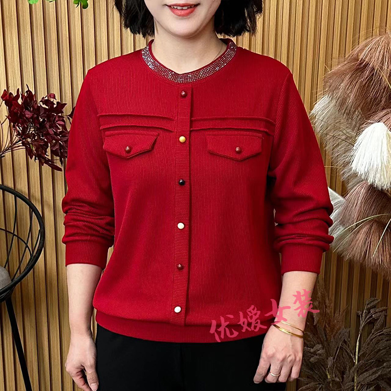 中老年女装春季新款复古圆领烫钻拼接显瘦百搭洋气妈妈装长袖上衣
