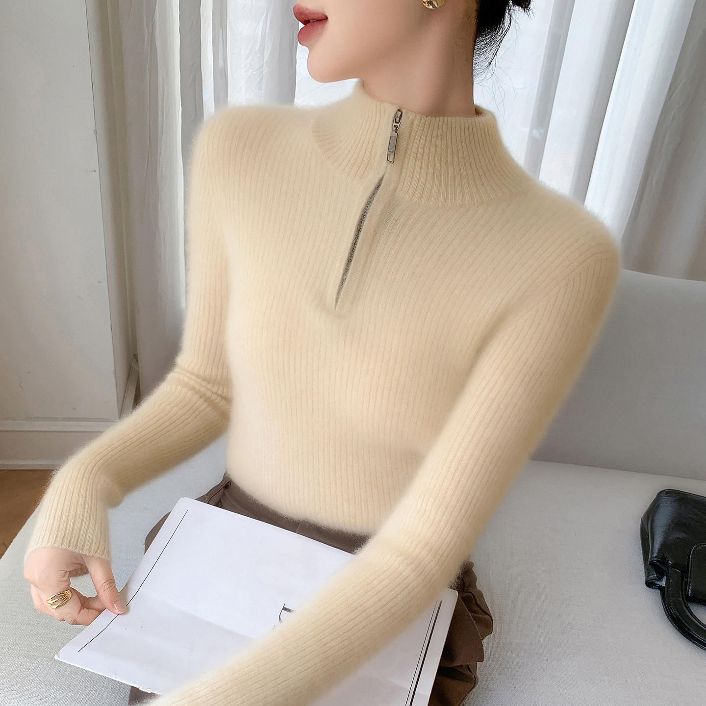半拉链抽条半高领女士山羊绒衫修身显瘦针织毛衣坑条保暖打底衫秋