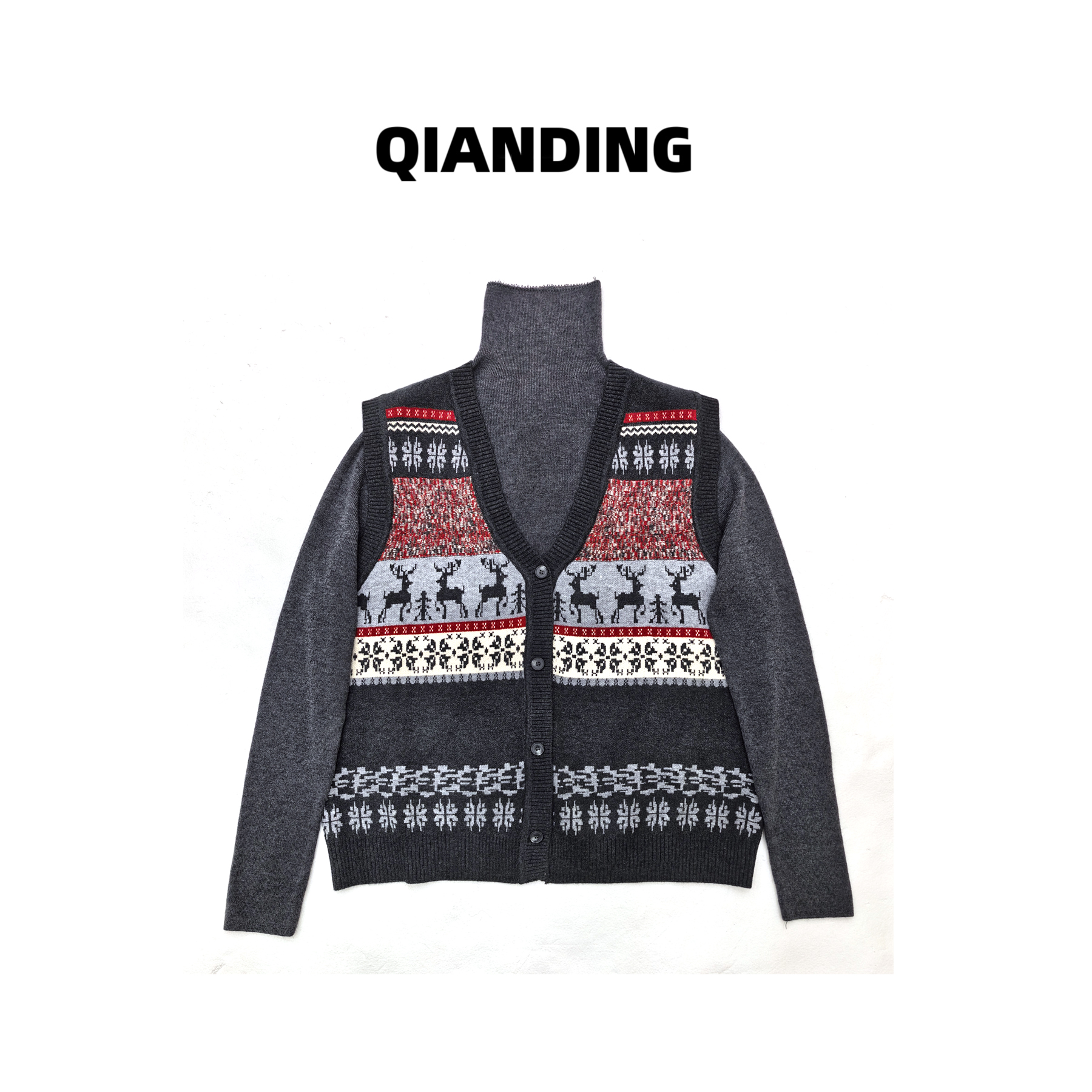 【QIANDING】【雪纹费尔岛两件套】保暖亲肤高领时尚百搭毛衣F366