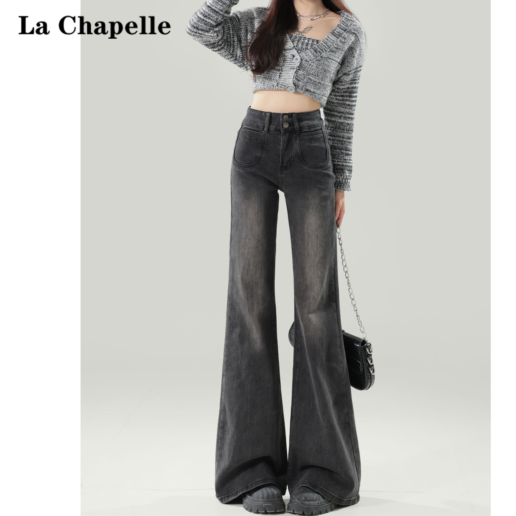 拉夏贝尔黑灰色微喇牛仔裤女2025新款秋季高腰显瘦小个子喇叭裤子