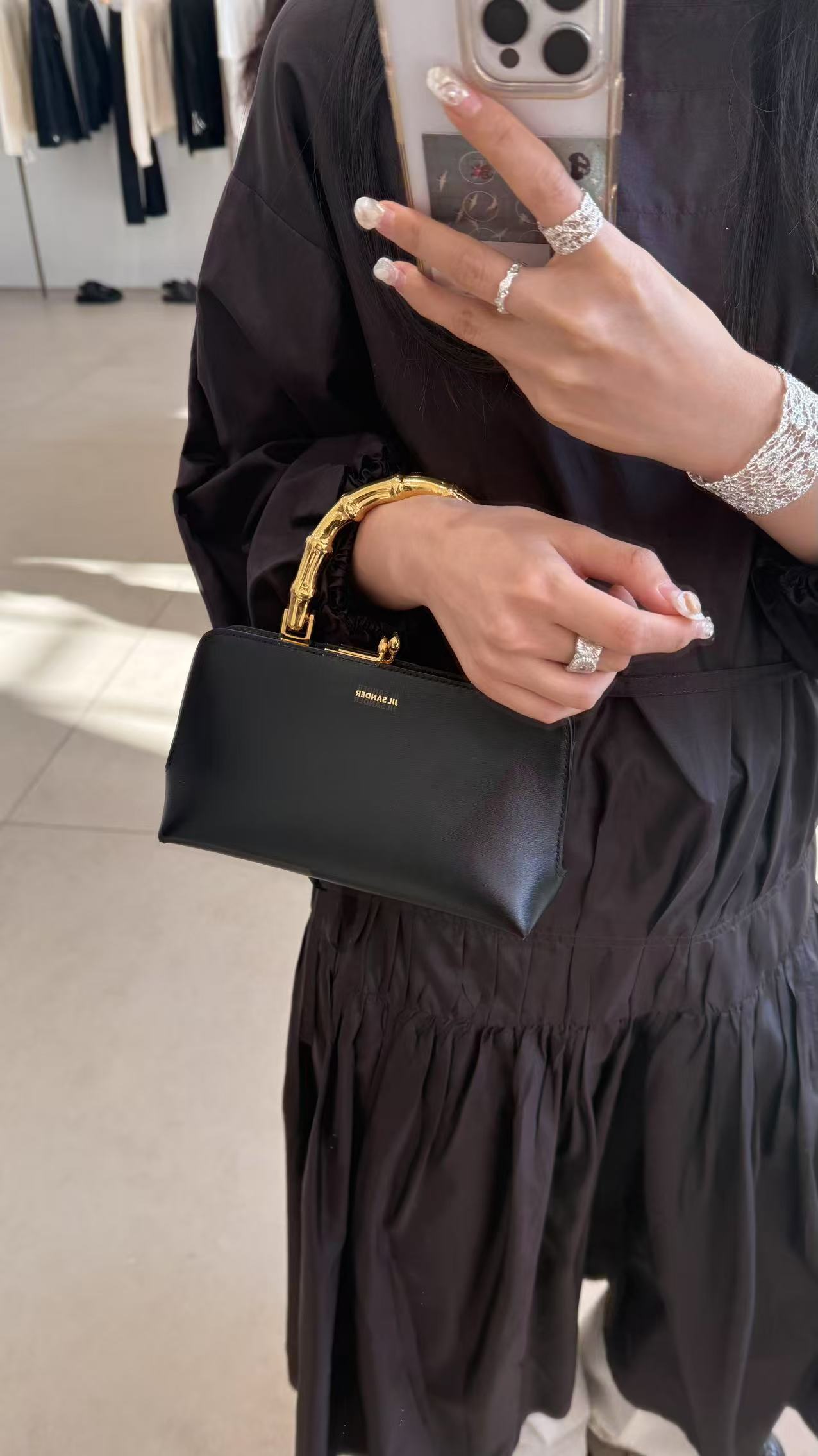 全新未使用  Jil Sander goji皮质黑色手提斜挎包